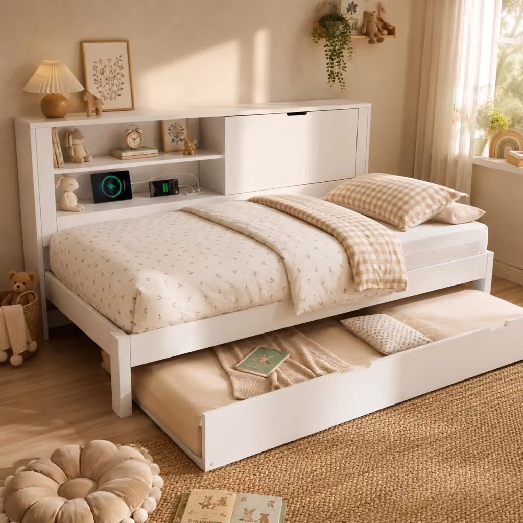 Letto Mivray con letto estraibile e vano contenitore, dotato di porte USB e USB-C e ripiani laterali, colore bianco, L: 90 cm, P: 200 cm, H: 208 cm – 2