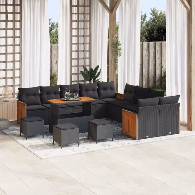 Set Divano da Giardino Moderno vidaXL in Rattan e Legno di Acacia Nero 14 Posti