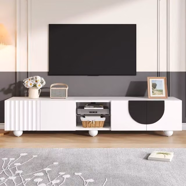 Mobile TV moderno MODFU bianco con dettagli neri in MDF, L: 180 cm, P: 40 cm, H: 41,5 cm