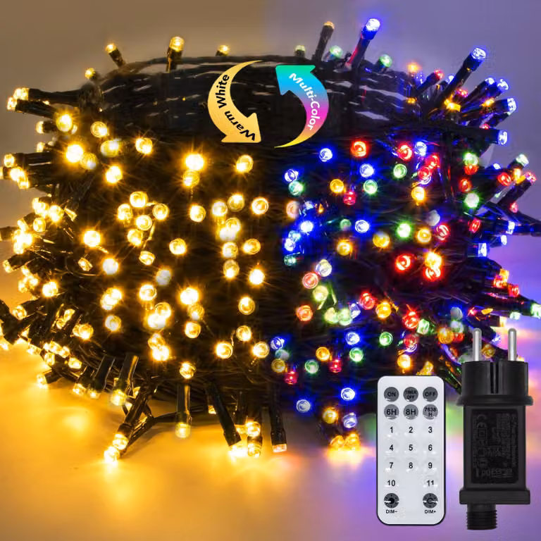 Catena luminosa da 50 metri, con 500 LED, multicolore e bianco caldo, 11 modalità, timer