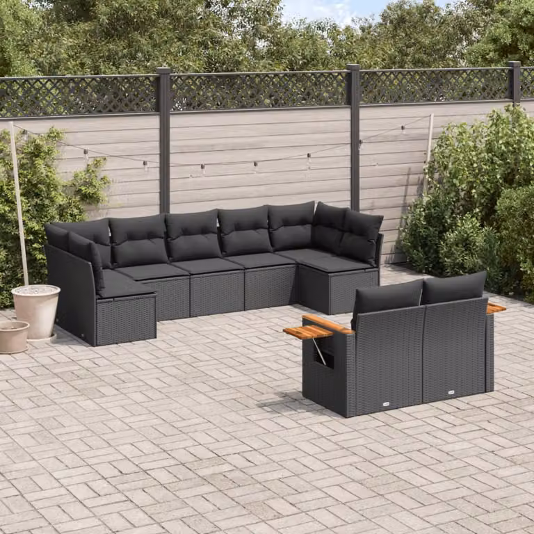 vidaXL Set Divani da Giardino a L in Polyrattan Nero con Cuscini e Tavolino da Esterno