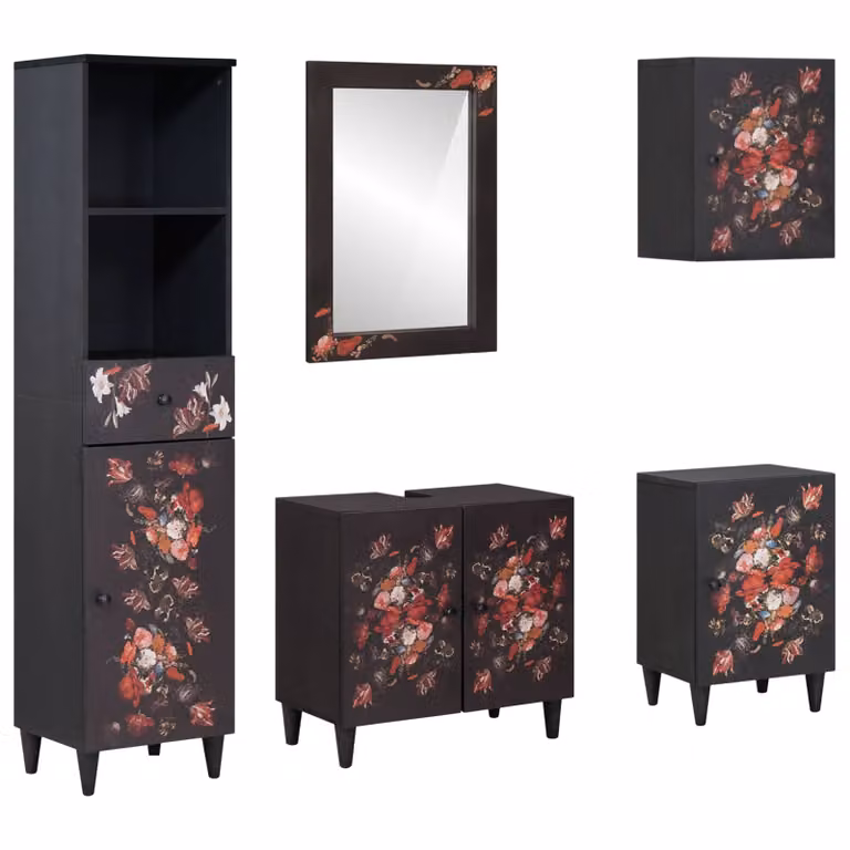 Set di 5 mobili da bagno moderni vidaXL in legno di mango con vanità, armadi a muro e armadio alto, L/P/H: 62 x 33 x 58 cm, marrone e nero