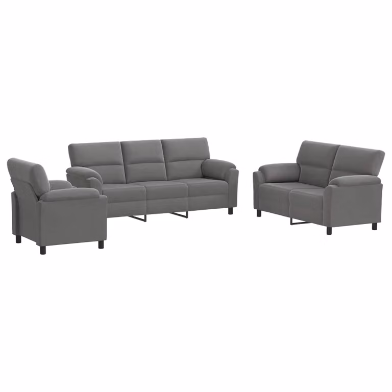 Set di divani moderno vidaXL in velluto grigio scuro composto da divano a 3 posti, divano a 2 posti e poltrona con struttura in metallo