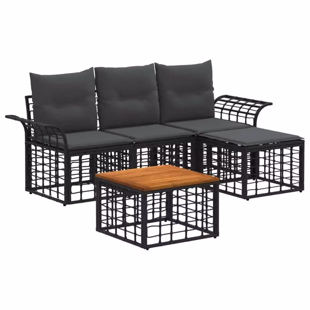 Set di divani da esterno a L vidaXL composto da 5 pezzi con tavolino, pouf, divano a 2 posti e divano a 3 posti, colore nero e grigio, struttura in acciaio verniciato a polvere e cuscini inclusi – 2
