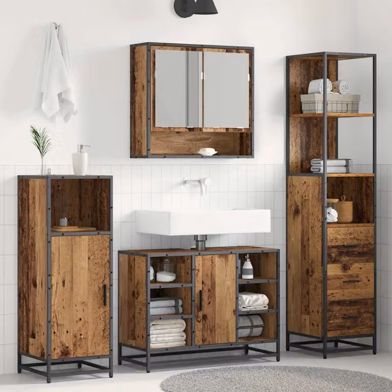 Set di mobili per il bagno vidaXL in legno vecchio marrone con ripiani e cassetti, L/P/H: 35 x 37,5 x 166 cm