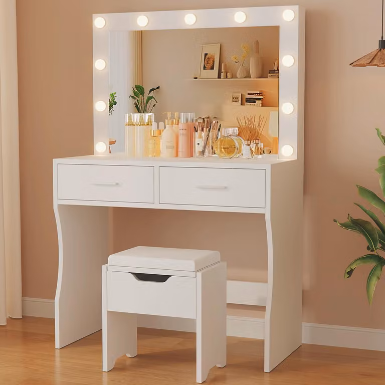 Comò da trucco grande con illuminazione a LED e specchio, dimensioni 74 x 52 cm, con regolazione della luminosità e della temperatura del colore. Tavolino da trucco dotato di 11 lampadine a LED, colore bianco