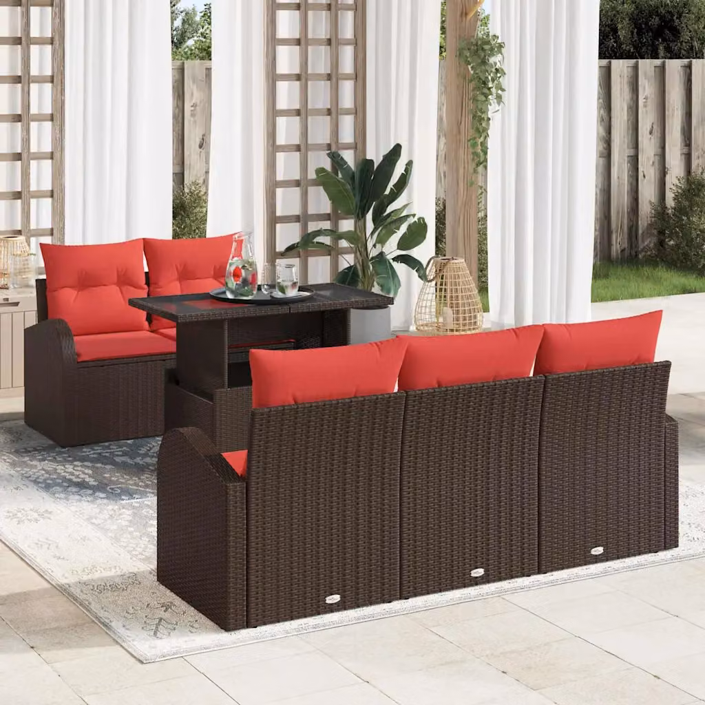 Set Divano da Giardino a L vidaXL 6 pz Marrone con Tavolino in Vetro e Cuscini Imbottiti