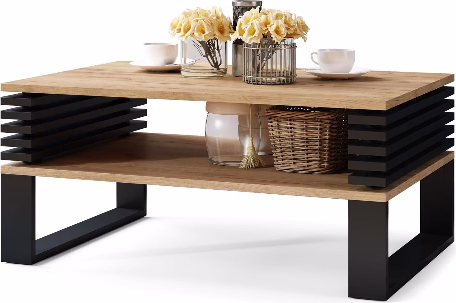 All4All tavolino da salotto Goki, tavolino da caffè, tavolino da soggiorno, stile loft, tavolino, con doghe, 90x60 cm, 05, rovere dorato + nero