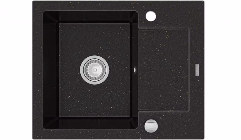Mexen Enzo lavello in granito a 1 vasca con scolapiatti 576 x 465 mm, nero/oro metallizzato, sifone cromato - 6506571005-75