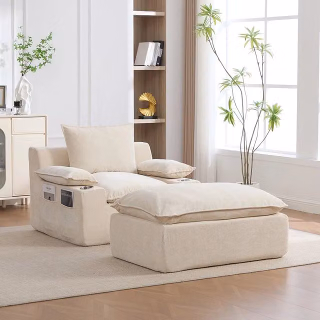 Poltrona Relax Chaise Longue Minimal Beige in Chenille con 4 Cuscini, Portabibite e Tasche Portaoggetti – 1