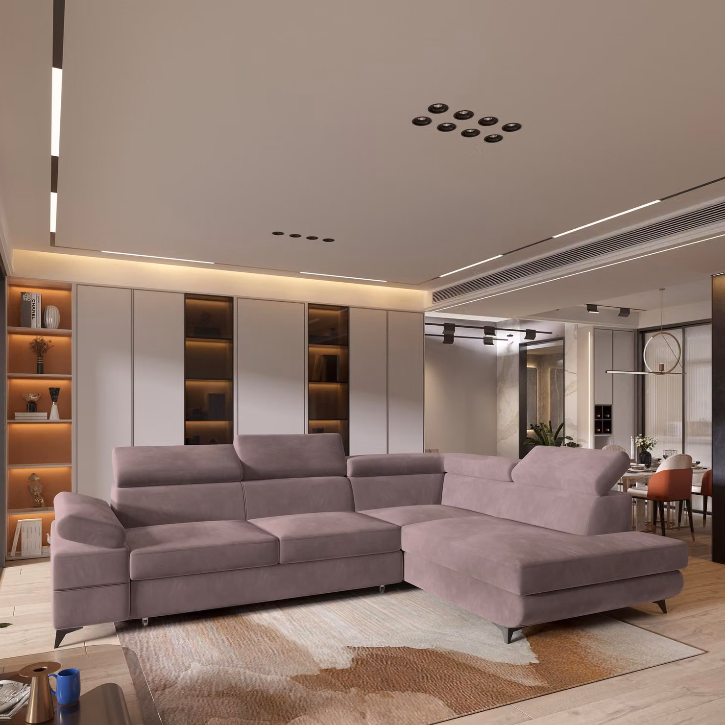 Divano angolare FAVIEN R-S di Masseno con funzione letto a L, divano con box letto, divano da soggiorno, divano, divano letto, set di divani - viola, MONOLITH 62