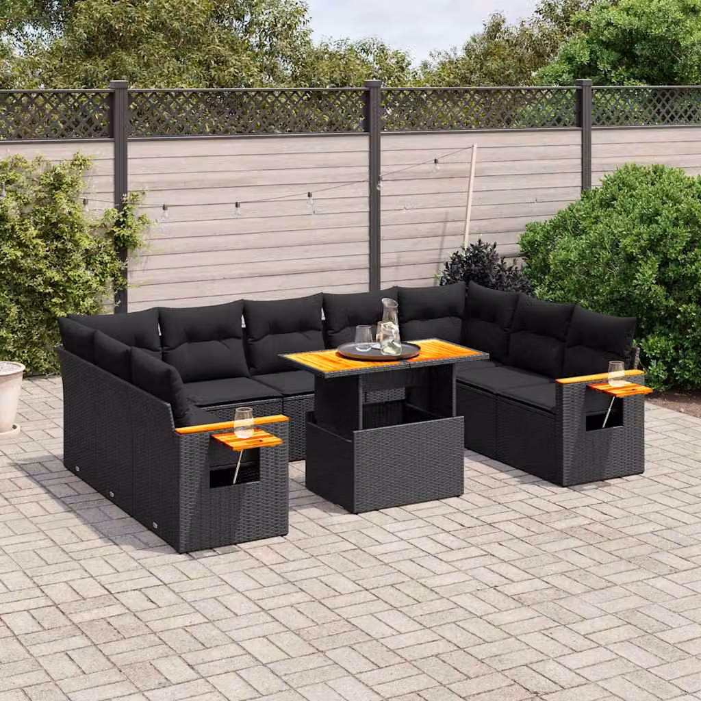 vidaXL Set Divani da Giardino 11 pz in Polyrattan Nero con Cuscini e Tavolino da Esterno a Forma di U – 1