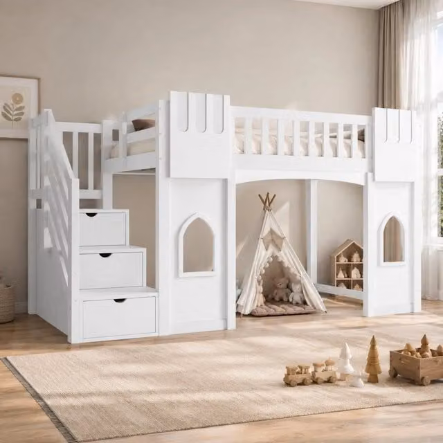 Letto a soppalco 90x200 cm con scala contenitore e finestre; bianco