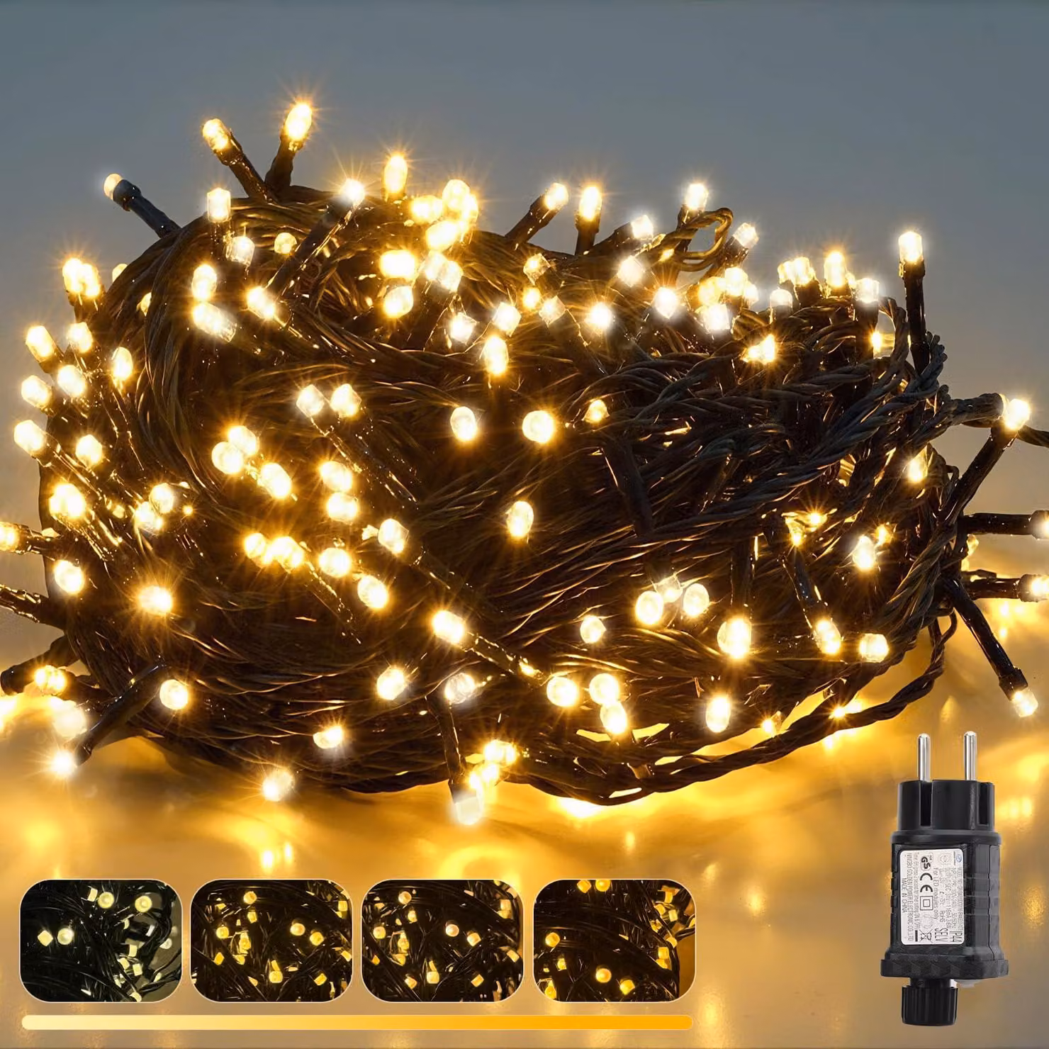 Catena luminosa a LED, 15 metri, 250 LED, 9 modalità, dimmerabile, grado di protezione IP44, luce bianco caldo