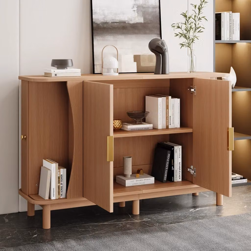 Credenza e madia OKWISH in MDF naturale beige con 2 ante scorrevoli e ripiano regolabile per soggiorno, L: 140 cm, P: 40 cm, H: 88 cm – 2