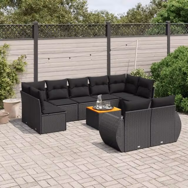 Set Divani da Giardino 10pz con Cuscini in Polyrattan Nero 3225152