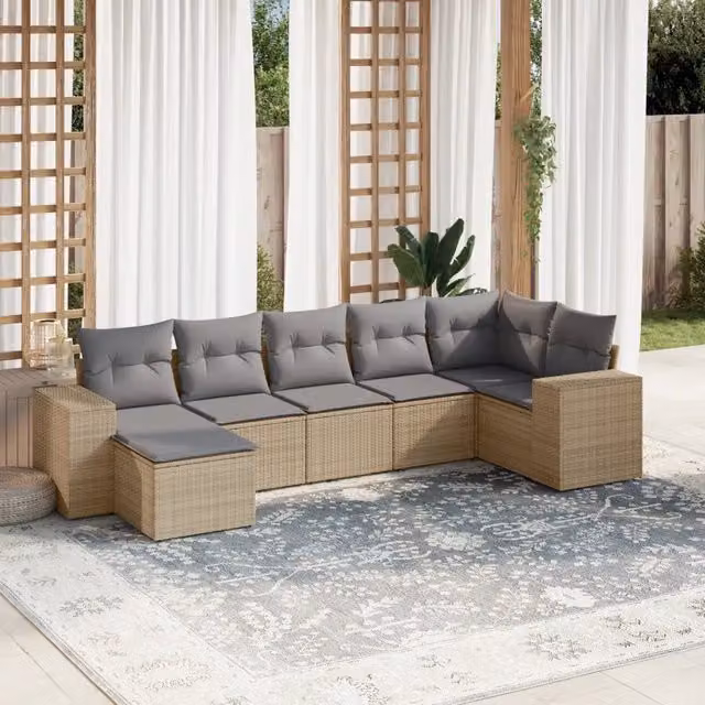 vidaXL Set Divani da Giardino 7 pz a Forma a L in Polyrattan con Cuscini Beige e Grigio