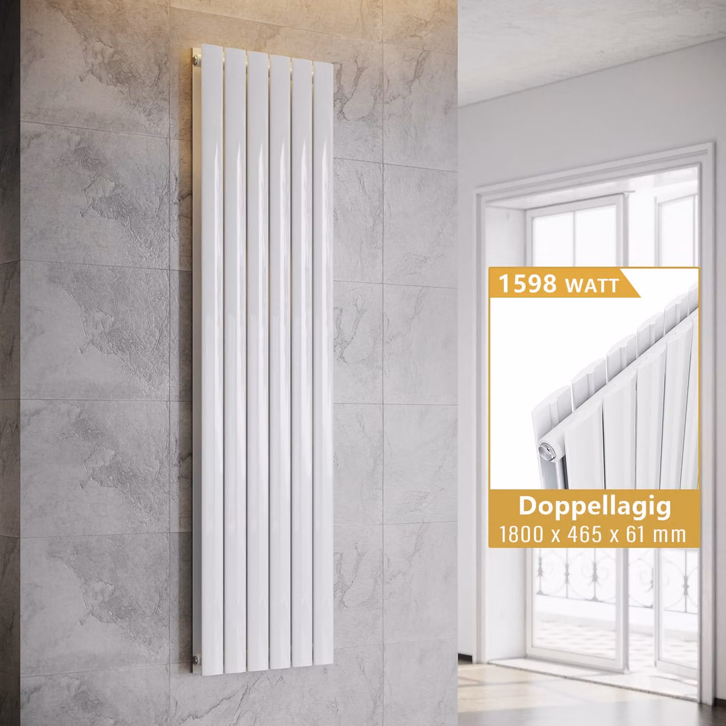 SONNI Radiatore a pannelli verticale a doppio strato, bianco, 1800×465 mm, senza resistenza
