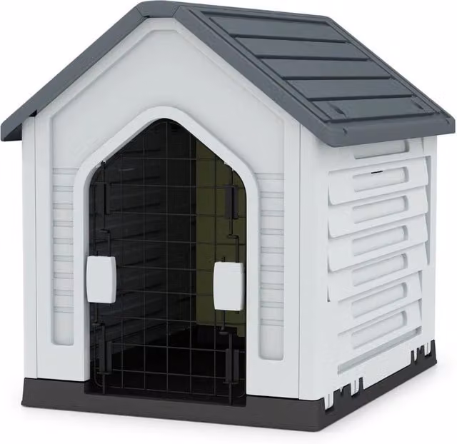 Cuccia per cani 66,5 x 52 x 60 cm rifugio sicuro con porta chiudibile a chiave stile moderno in PP grigio 20_0012918