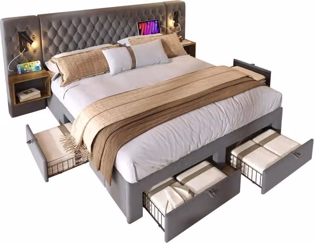 Letto matrimoniale 160×200 cm 2 posti con 4 cassetti, USB e Type-C, materasso incluso, velluto grigio
