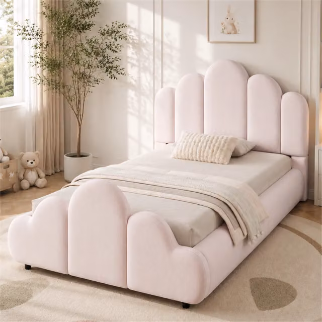 Letto singolo imbottito 90 × 200 cm con rete a doghe in velluto rosa design a nuvola angoli arrotondati