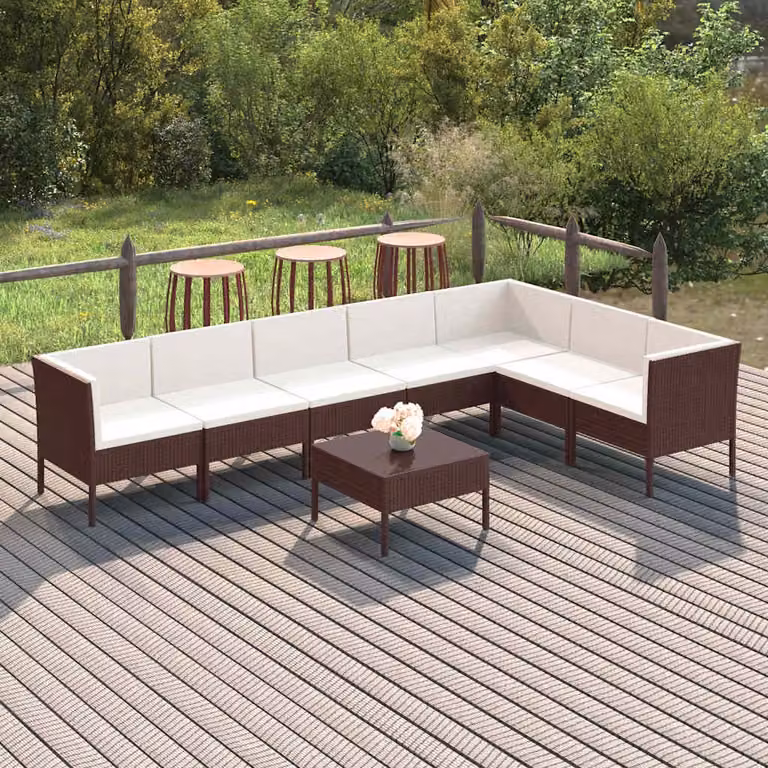Set Divani da Giardino vidaXL 8 pz in Polyrattan Marrone e Bianco con Cuscini e Struttura in Acciaio con Forma a L