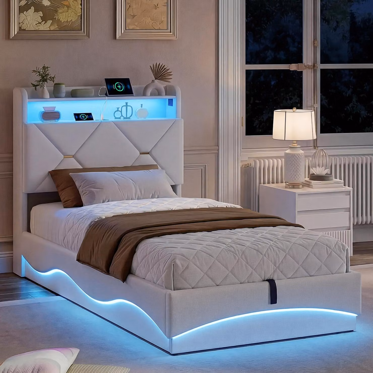 Struttura letto ProximaX 90x200 cm, tessuto in velluto beige, vano contenitore idraulico, illuminazione a LED RGB, stazione di ricarica USB/Type-C