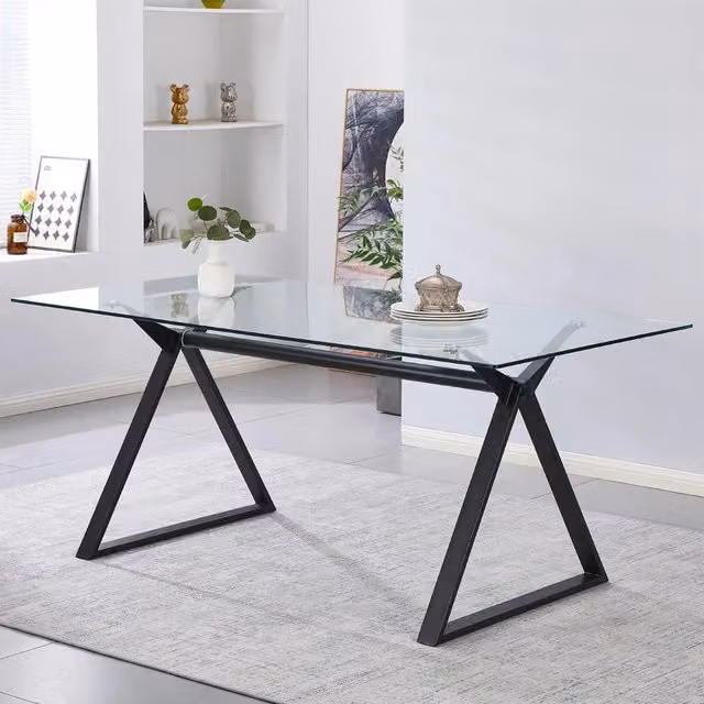 Tavolo da Pranzo Skylar 180×90 cm in Vetro Temperato con Gambe a Cavalletto Nere