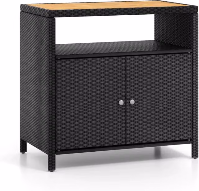 Mobiletto portaoggetti set da 1 90 x 53 x 86 cm design pratico 2 ante per giardino in rattan PE nero e legno di acacia naturale 20_0020033