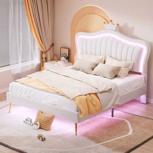 Letto imbottito moderno KOMHTOM in pelle sintetica bianco L 140 x P 200 cm