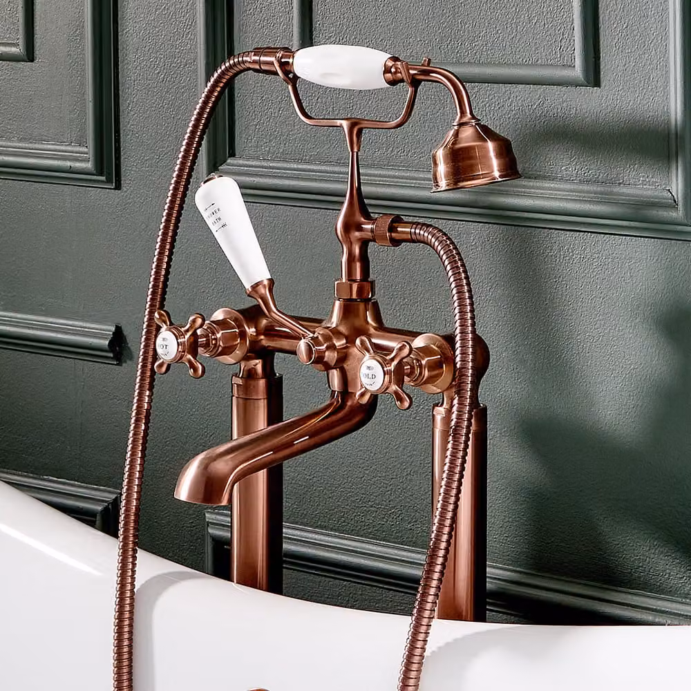 Miscelatore Vasca Freestanding Tradizionale - Maniglie a croce - doccetta - Rame Satinato