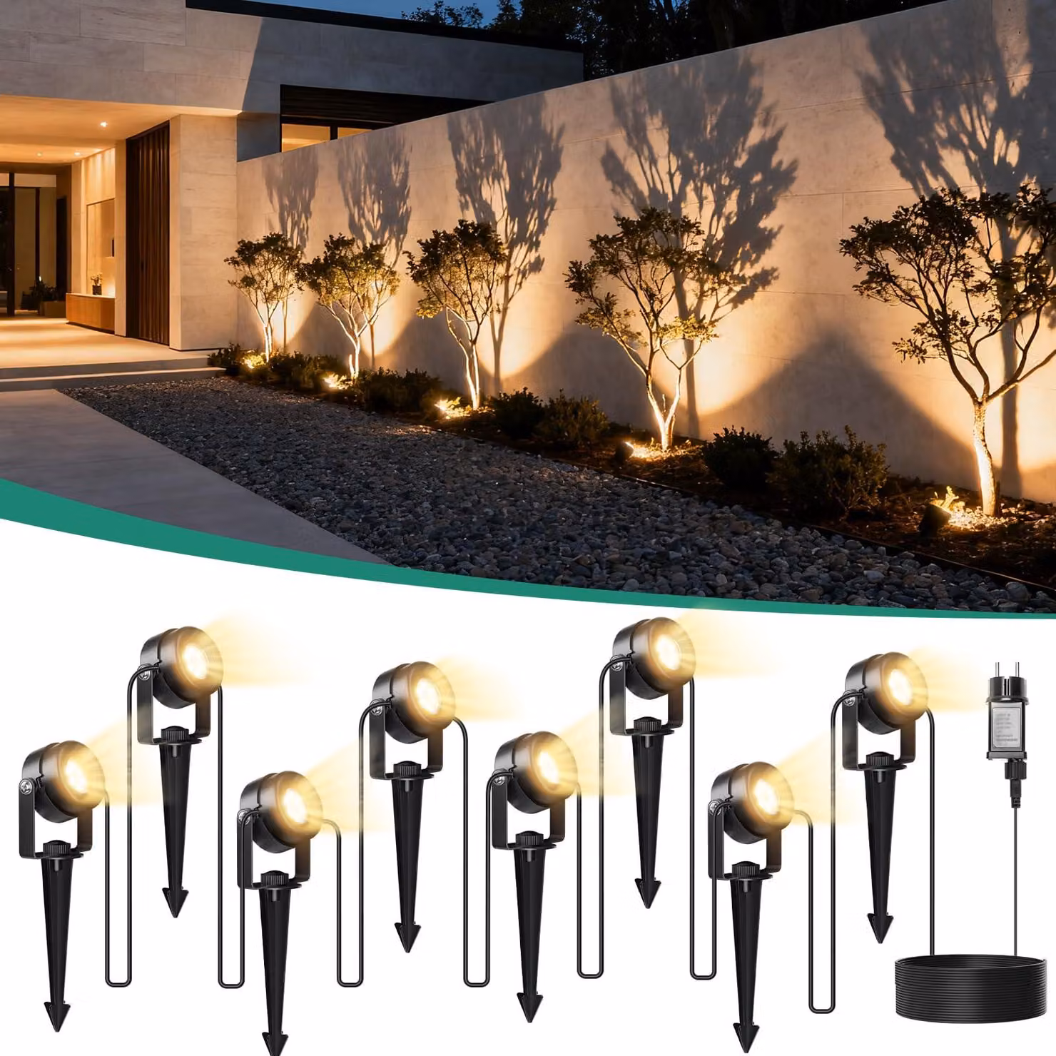 Set di luci LED per giardino, 8 in 1, con cavo da 24 metri, temperatura di colore 3000 K, grado di protezione IP65, 48 LED