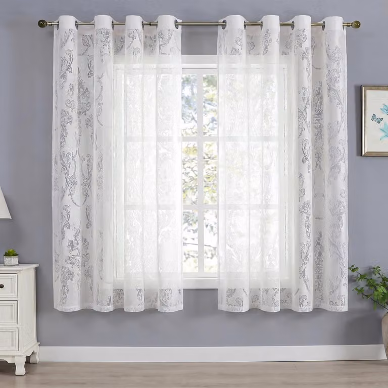 Tende con motivo damascato, bianche, confezione da 2 pezzi, dimensioni 132 x 160 cm, con anelli, ideali per la cucina