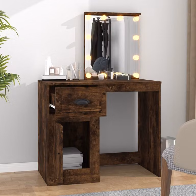 The Living Store Comodino con LED in rovere fumé 90x50x132,5 cm Materiale a base di legno