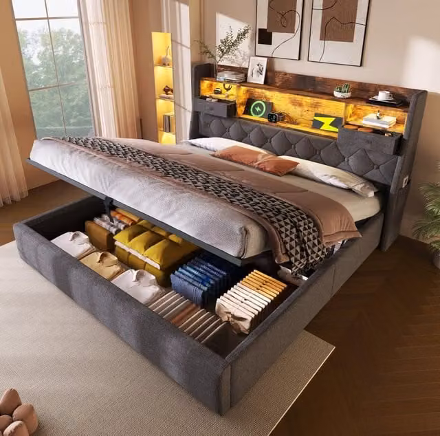 Letto matrimoniale ULEVR 160x200 cm con contenitore idraulico, LED multicolore e 4 porte di ricarica, lino grigio con materasso