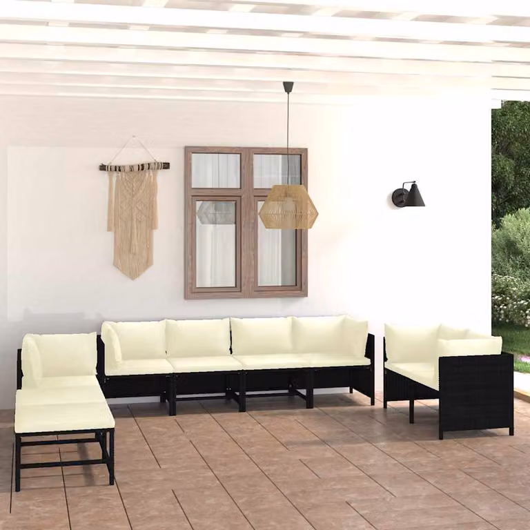 vidaXL Set Divani da Giardino 10 pz in Polyrattan Nero con Cuscini e Struttura in Acciaio