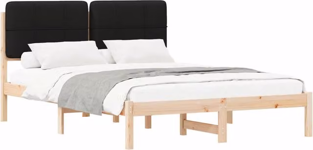 Letto matrimoniale | Letto per adulti | Letto con Testiera Rivestita Nero 150 x 200 cm Pino massello