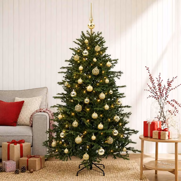 Albero di Natale artificiale verde vidaXL con 150 LED luce bianca calda e decorazioni con palline, Altezza: 120 cm