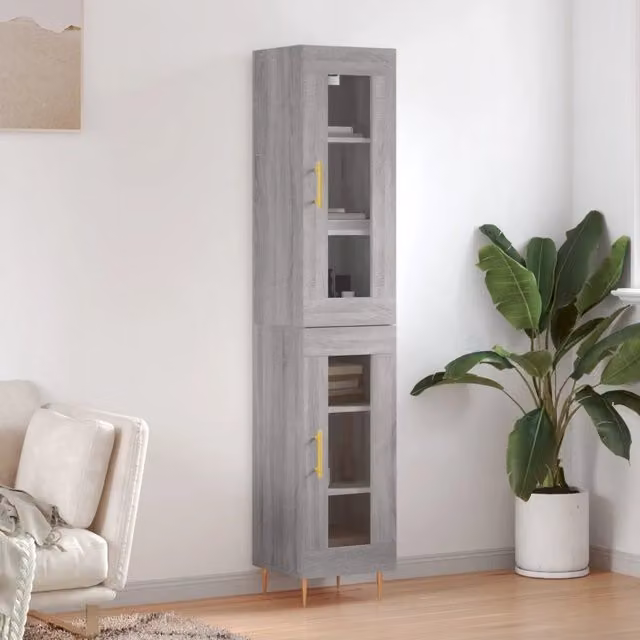 Credenza Buffet Design Mania Grigio Sonoma con Ante in Vetro per Cucina e Soggiorno L/P/H: 34,5 x 34 x 180 cm