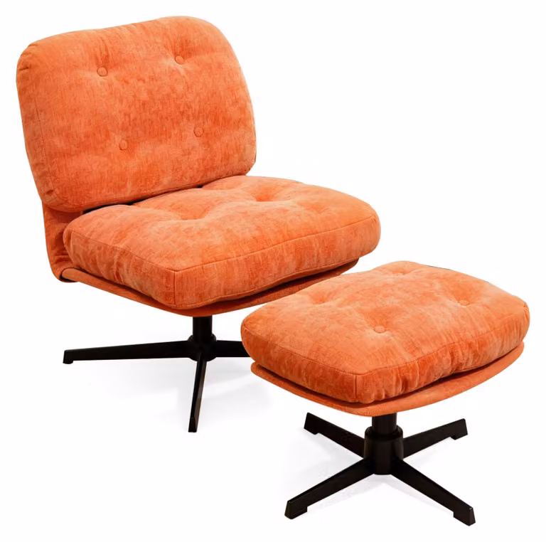 Poltrona reclinabile con poggiapiedi, girevole a 360°, in tessuto chenille, color arancione