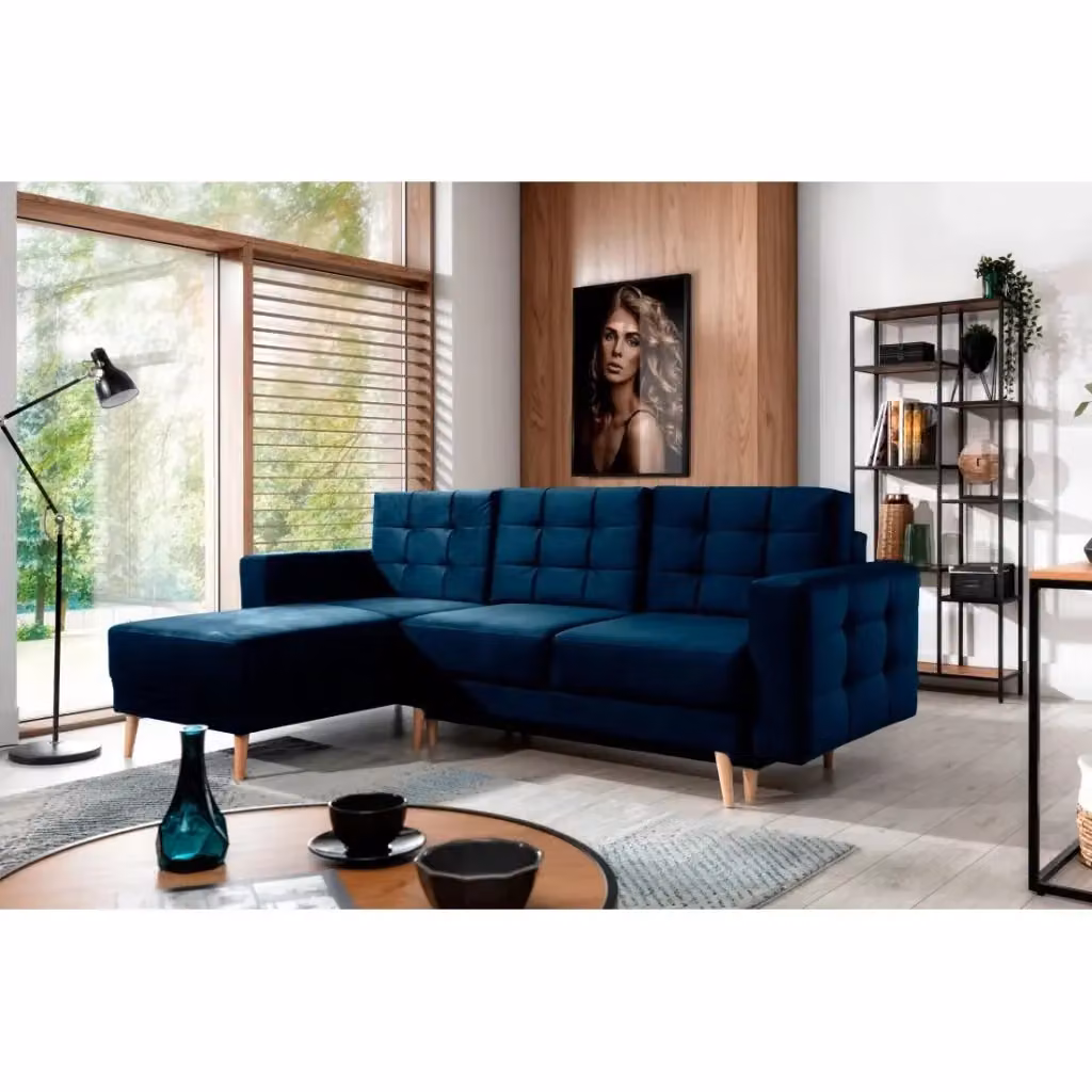 Divano angolare trasformabile MEUBLORAMA blu con funzione letto e contenitore, design scandinavo in tessuto con struttura in legno massiccio, L/P/H: 248 x 162 x 93 cm – 2