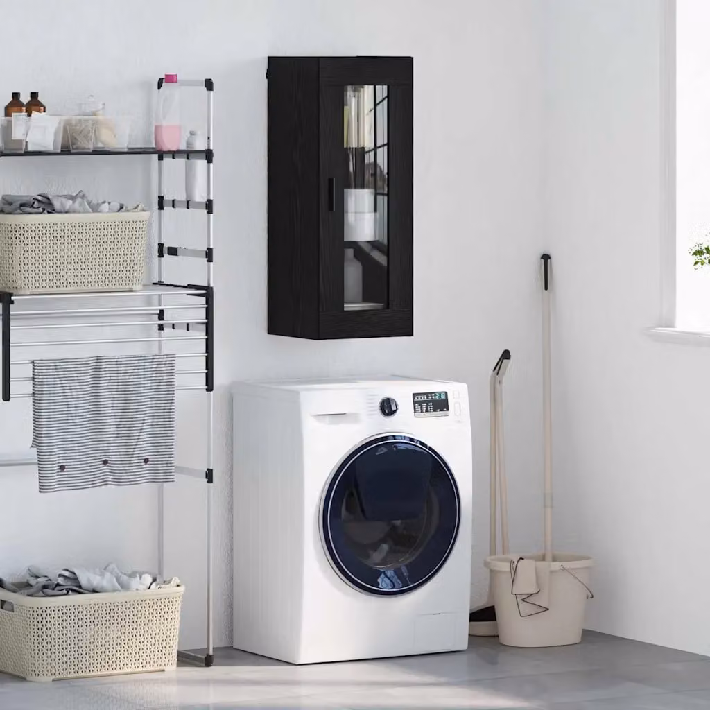 Pensile moderno vidaXL in rovere nero con ante in vetro e ripiani interni, L 34,5 cm x P 34 cm x H 90 cm