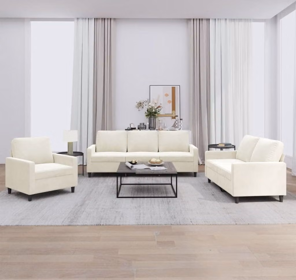 Set di Divani 3 pz con Cuscini Crema in Velluto