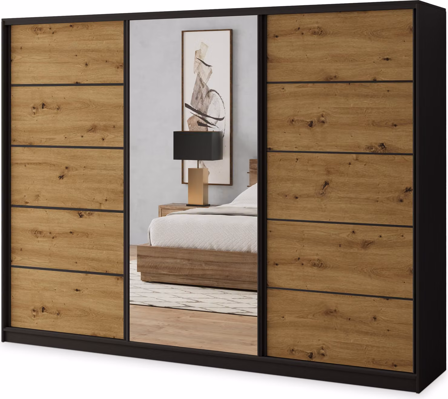 Armadio scorrevole Masseno NATA 270/205/58 cm Armadio con 4 cassetti Armadio per camera da letto a 3 ante con specchio Nero / Rovere Artisan