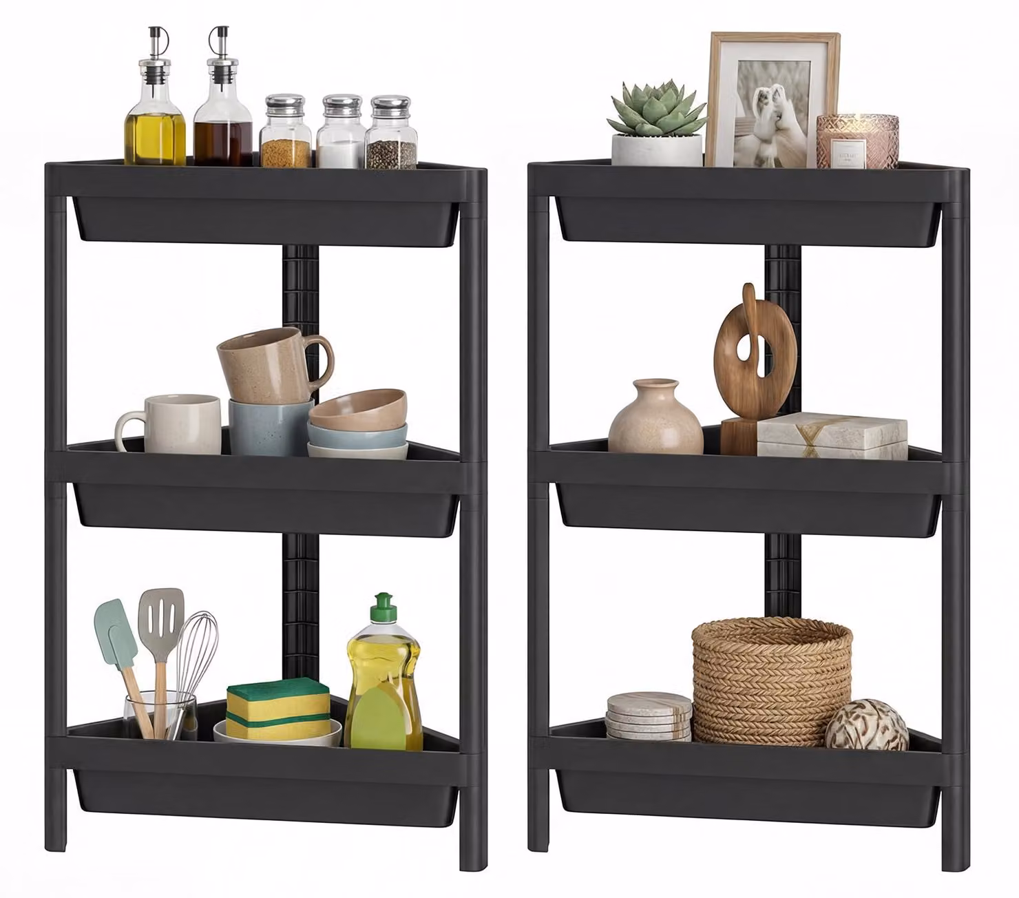 KOMFOTTEU Set di 2 scaffali angolari a 3 ripiani, organizer da bagno in plastica con fori di drenaggio, scaffale da doccia indipendente per cucina, soggiorno, nero