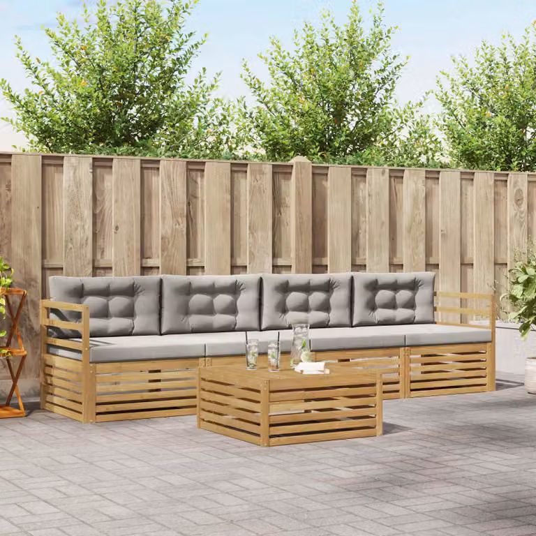 Set di mobili da giardino vidaXL composto da 5 pezzi in legno di acacia con divani e tavolino da esterno, colori bianco e grigio