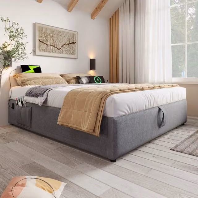 Letto contenitore matrimoniale con vano idraulico e porte di ricarica USB e Type-C in tessuto lino grigio, L 140 cm x P 200 cm – 1