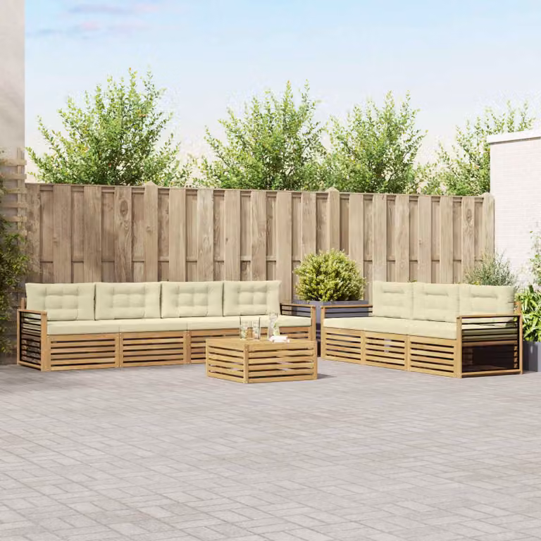 Set di divani da esterno vidaXL a forma di U composto da 8 pezzi con tavolino, in legno di acacia e tessuto bianco e beige