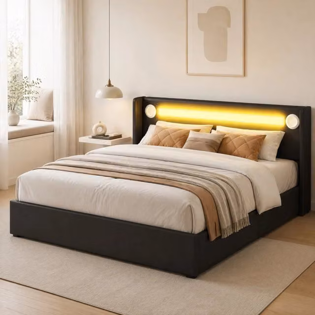 Letto imbottito 160x200 cm in PU nero con LED, Bluetooth, USB e vano contenitore
