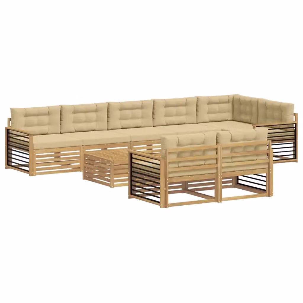 Set di divani da esterno vidaXL a forma di L composto da 9 pezzi con tavolino da caffè, in legno di acacia e tessuto bianco e beige – 2